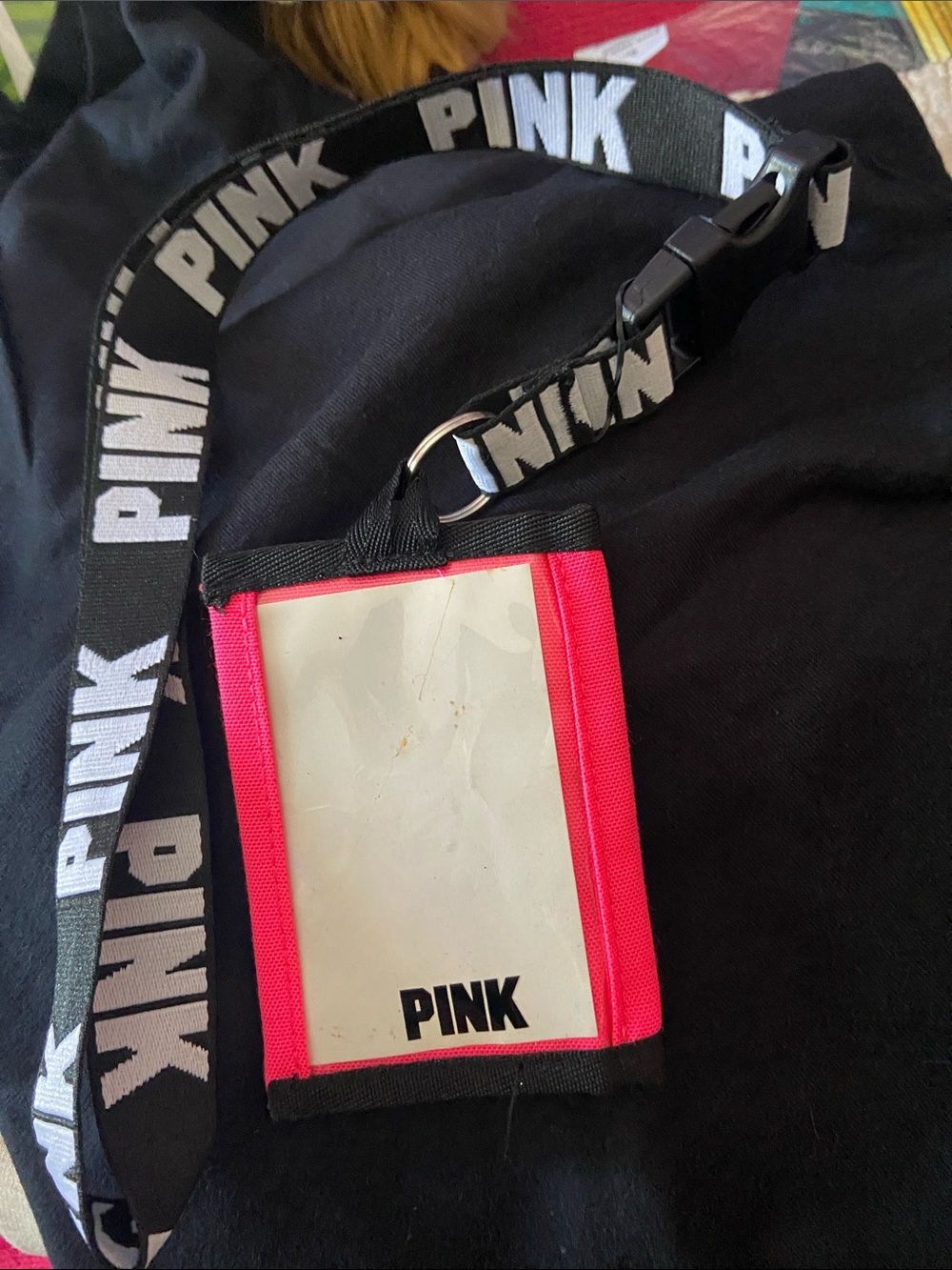 PINK Victoria's Secret Neon Pink ID Lanyard with Black Branded Strap